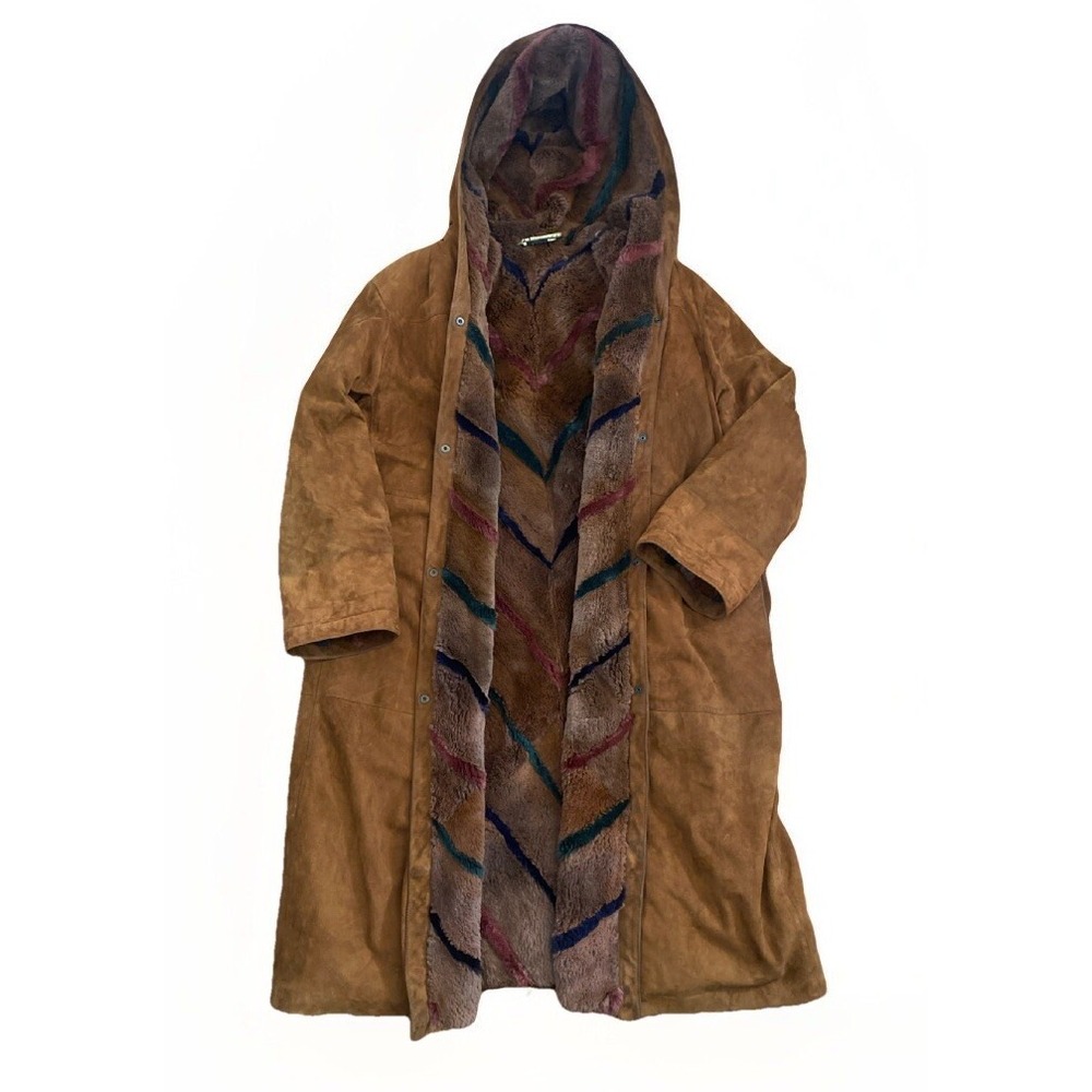 Vintage Brown Leather Hooded Trench Coat Size 42 Raphael Salato Roma Flaw